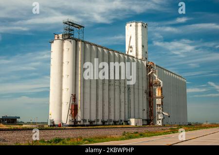 Eine große Gruppe von Grain Elevators im Herzen Amerikas spricht von der landwirtschaftlichen Produktivität in den Gebieten. Stockfoto