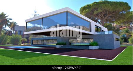 Luxuriöse moderne Landhaus-Villa in einem minimalistischen Stil mit High-Tech-Elementen. Roter Ziegelsteinpflaster um den Pool herum. Konsole im zweiten Stock. 3D Rendern. Stockfoto