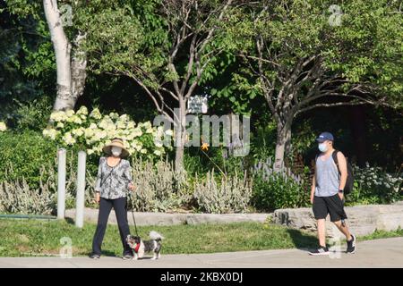 Menschen, die Gesichtsmasken tragen, um sie vor dem neuartigen Coronavirus (COVID-19) zu schützen, während sie am 06. August 2020 in Toronto, Ontario, Kanada, spazieren gingen. (Foto von Creative Touch Imaging Ltd./NurPhoto) Stockfoto