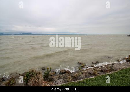 Stürmisches Wetter und hohe Wellen auf dem Plattensee an einem hundefreundlichen Strand ist in Fonyod, Ungarn, am 5. August 2020 zu sehen (Foto: Michal Fludra/NurPhoto) Stockfoto
