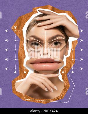 Collage zeitgenössischer Kunst. Junge Frau mit gezeichneten Linien auf dem Gesicht Vorbereitung für die plastische Chirurgie, Beauty-Injektionen. Anheben Stockfoto