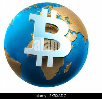 Eine 3D gerenderte Illustration eines Bitcoin-Zeichens, das auf weißem Hintergrund isoliert über den Globus schwebt Stockfoto