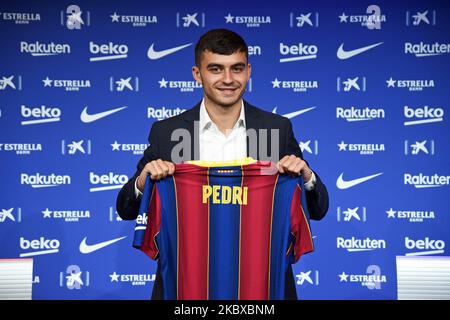 Der neue FC Barcelona Spieler Pedro Gonzalez Lopez 'Pedri' während der Pressekonferenz während seiner Enthüllung im Camp Nou am 20. August 2020 in Barcelona, Spanien. (Foto von Noelia Deniz/Urbanandsport/NurPhoto) Stockfoto