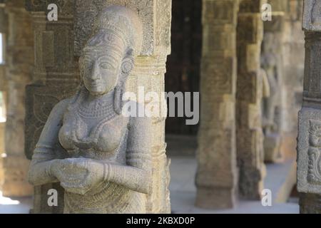 Steinsäulen mit detailreichen Schnitzereien und Figuren schmücken die Navarathri Mandapam (Aufführungshalle) im Padmanabhapuram Royal Palace in Padmanabhapuram, Tamil Nadu, Indien. Padmanabhapuram Palace (auch bekannt als Kalkulam Palace) ist die ehemalige Hauptstadt des ehemaligen Hindu-Königreichs Travancore wurde um 1601 n. Chr. von Iravi Varma Kulasekhara Perumal gebaut. Der Gründer des modernen Travancore, König Anizham Thirunal Marthanda Varma (1706-1758), der Travancore von 1729 bis 1758 regierte, baute den Palast um 1750 wieder auf. (Foto von Creative Touch Imaging Ltd./NurPhoto) Stockfoto