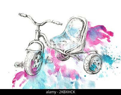 Handgezeichnete Abbildung eines Dreirads. Tuschezeichnung mit Aquarellhintergrund. Stockfoto