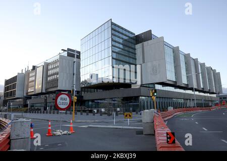 Allgemeine Ansicht des Christchurch High Court vor dem dritten Tag einer viertägigen Strafverhandlung für Brenton Harrison Tarrant in Christchurch, Neuseeland, am 26. August 2020. Der australische weiße Supremaist Tarrant, 29, der am 15. März 2019 den Angriff auf zwei Moscheen verübt hat, wird zu 51 Anklagepunkten wegen Mordes, 40 wegen versuchten Mordes und einer Anklage nach dem Terrorism Suppression Act verurteilt. (Foto von Sanka Vidanagama/NurPhoto) Stockfoto