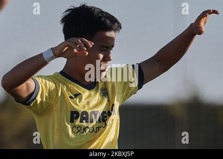 Takefusa Kubo von Villarreal beim Warm-up vor dem Vorsaison-Freundschaftsspiel zwischen Villarreal CF und Teneriffa in der Pinatar Arena am 25. August 2020 in Murcia, Spanien. (Foto von Jose Breton/Pics Action/NurPhoto) Stockfoto