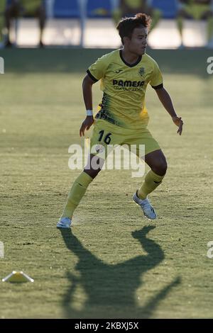 Takefusa Kubo von Villarreal beim Warm-up vor dem Vorsaison-Freundschaftsspiel zwischen Villarreal CF und Teneriffa in der Pinatar Arena am 25. August 2020 in Murcia, Spanien. (Foto von Jose Breton/Pics Action/NurPhoto) Stockfoto