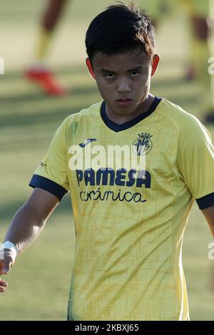 Takefusa Kubo von Villarreal beim Warm-up vor dem Vorsaison-Freundschaftsspiel zwischen Villarreal CF und Teneriffa in der Pinatar Arena am 25. August 2020 in Murcia, Spanien. (Foto von Jose Breton/Pics Action/NurPhoto) Stockfoto