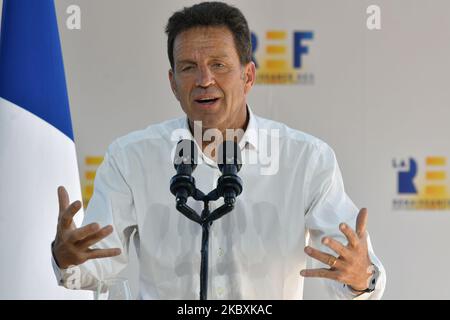 MEDEF-Präsident Geoffroy Roux de Bezieux hält die Eröffnungsrede beim Treffen des französischen Arbeitgeberverbandes Medef zum Thema „die Renaissance der französischen Unternehmen“ am 26. August 2020 in Paris, Frankreich. (Foto von Daniel Pier/NurPhoto) Stockfoto