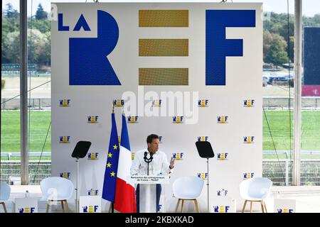 MEDEF-Präsident Geoffroy Roux de Bezieux hält die Eröffnungsrede beim Treffen des französischen Arbeitgeberverbandes Medef zum Thema „die Renaissance der französischen Unternehmen“ am 26. August 2020 in Paris, Frankreich. (Foto von Daniel Pier/NurPhoto) Stockfoto