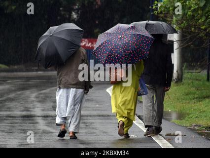 Am 27. August 2020 laufen die Menschen in Srinagar, Kaschmir, während es regnet.am zweiten Tag in Folge regnet es weiter im Kaschmir-Tal, während das Wetterministerium vorhersagte, dass die meisten Teile von Jammu und Kaschmir in den nächsten Tagen moderate bis starke Niederschläge erhalten würden. (Foto von Faisal Khan/NurPhoto) Stockfoto