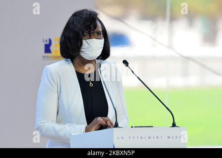 Die französische Juniorministerin für Gleichstellung der Geschlechter Elisabeth Moreno nimmt am 27. August 2020 an der Sitzung des französischen Arbeitgeberverbandes Medef zum Thema „die Renaissance der französischen Unternehmen“ in Paris Teil. (Foto von Daniel Pier/NurPhoto) Stockfoto