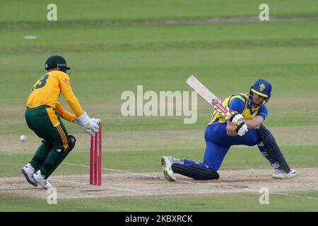 Alex Lees von Durham während des Vitality Blast T20-Spiels zwischen dem Durham County Cricket Club und Nottinghamshire am Samstag, dem 29.. August 2020, in Emirates Riverside, Chester le Street. (Foto von Mark Fletcher/MI News/NurPhoto) Stockfoto