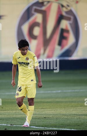 Takefusa Kubo aus Villarreal reagiert während des Vorsaison-Freundschaftsspiel zwischen Villarreal CF und Real Sociedad am 2. September 2020 im Estadio de la Ceramica in Villareal, Spanien. (Foto von Jose Breton/Pics Action/NurPhoto) Stockfoto