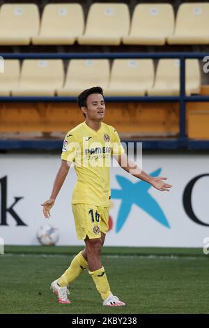 Takefusa Kubo aus Villarreal reagiert während des Vorsaison-Freundschaftsspiel zwischen Villarreal CF und Real Sociedad am 2. September 2020 im Estadio de la Ceramica in Villareal, Spanien. (Foto von Jose Breton/Pics Action/NurPhoto) Stockfoto