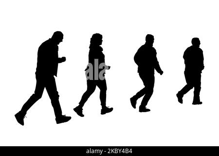 Menschen Silhouetten. Wandergruppe. Schwarze Schatten von Menschen und Frauen. Menschen, die pendeln. Seitenansicht.Fußgänger, Erholung, Aktivitätskonzept. Vektor Stock Vektor