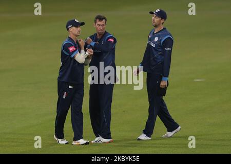 Derbyshire feiert ein Wicket während des Vitality T20 Blast Spiels zwischen Durham County Cricket Club und Derbyshire County Cricket Club in Emirates Riverside, Chester le Street, England am Freitag, 11.. September 2020. (Foto von Mark Fletcher/MI News/NurPhoto) Stockfoto