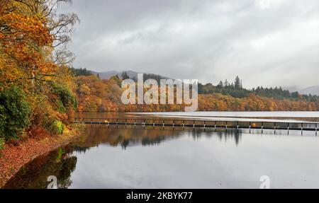 Pitlochry Perthshire Schottland Blick über Loch Faskally auf die Bäume in herbstlichen Farben Stockfoto