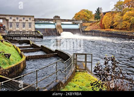 Pitlochry Perthshire Schottland der Fluss Tummel fischt Leiter und Damm mit Bäumen in herbstlichen Farben Stockfoto