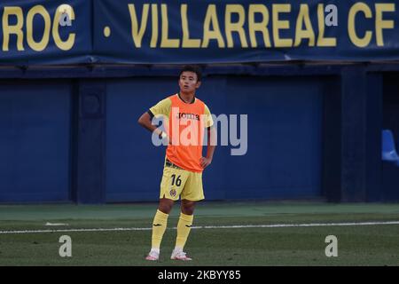 Takefusa Kubo aus Villarreal beim Warm-Up vor dem La Liga Santader-Spiel zwischen Villarreal CF und SD Huesca am 13. September 2020 im Estadio de la Ceramica in Villareal, Spanien. (Foto von Jose Breton/Pics Action/NurPhoto) Stockfoto