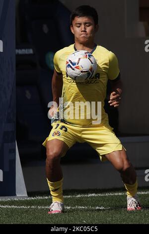 Takefusa Kubo aus Villarreal beim Warm-Up vor dem La Liga Santander Spiel zwischen Villarreal CF und SD Eibar am 19. September 2020 im Estadio de la Ceramica in Villareal, Spanien. (Foto von Jose Breton/Pics Action/NurPhoto) Stockfoto