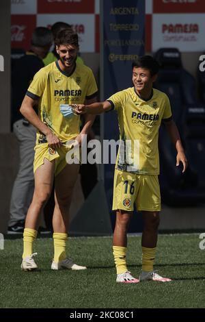 Takefusa Kubo aus Villarreal beim Warm-Up vor dem La Liga Santander Spiel zwischen Villarreal CF und SD Eibar am 19. September 2020 im Estadio de la Ceramica in Villareal, Spanien. (Foto von Jose Breton/Pics Action/NurPhoto) Stockfoto