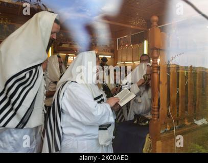 Eine Gruppe orthodoxer Juden, die am letzten Tag des jüdischen Neujahrs Rosch Hashanah in der Synagoge des Zentrums für Geschichte und Kultur der polnischen Juden in Dynow beten. Über 150 orthodoxe Juden aus der ganzen Welt nahmen an der Rosch-Hashanah-Feier (Jahr 5781 im jüdischen Kalender) in Dynow Teil. Ein weiterer Zweck der Wallfahrt für viele war der Besuch der Ruhestätte des CWI Elimelech Spira (1783–1841), eines berühmten chassidischen Rabbiners in Polen, und der 81.. Jahrestag des ersten Massenmordes an Juden durch die deutschen Nazis. Während der deutschen Invasion Polens, im September 1939, Wehrm Stockfoto