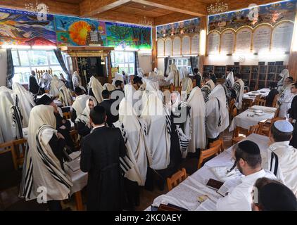 Eine Gruppe orthodoxer Juden, die am letzten Tag des jüdischen Neujahrs Rosch Hashanah in der Synagoge des Zentrums für Geschichte und Kultur der polnischen Juden in Dynow beten. Über 150 orthodoxe Juden aus der ganzen Welt nahmen an der Rosch-Hashanah-Feier (Jahr 5781 im jüdischen Kalender) in Dynow Teil. Ein weiterer Zweck der Wallfahrt für viele war der Besuch der Ruhestätte des CWI Elimelech Spira (1783–1841), eines berühmten chassidischen Rabbiners in Polen, und der 81.. Jahrestag des ersten Massenmordes an Juden durch die deutschen Nazis. Während der deutschen Invasion Polens, im September 1939, Wehrm Stockfoto