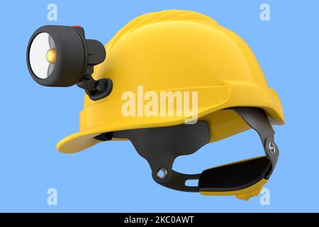 Gelber Schutzhelm oder harte Kappe mit Taschenlampe isoliert auf blauem Hintergrund. 3D Darstellung und Darstellung von Kopfbedeckungen und Handyman-Werkzeugen Stockfoto