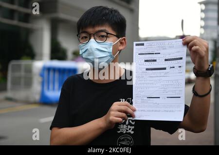 Die pro-demokratischen Aktivisten Joshua Wong haben am 24. September 2020 in Hongkong, China, sein Kautionsformular eingeliefert. Joshua Wong wurde im vergangenen Jahr wegen der Teilnahme an einer illegalen Versammlung verhaftet. (Foto von Vernon Yuen/NurPhoto) Stockfoto