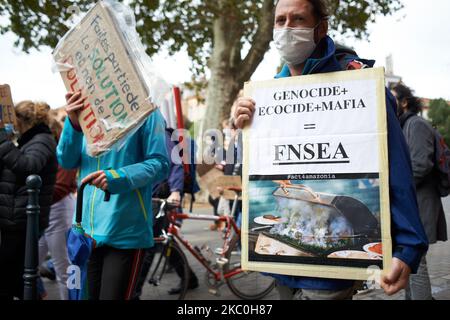 Ein Protestler hält ein Plakat gegen die wichtigste Bauerngewerkschaft, die FNSEA. Nach dem Aufruf von Greta Thunberg zu einem World School Strike und "Fridays for Future" gingen Schüler und Studenten auf die Straßen von Toulouse, um die Untätigkeit der Regierungen gegenüber der Klimakrise zu verurteilen und auch den Mangel an Maßnahmen gegen die Umweltkrise anzuprangern. An mehr als 3.100 Orten auf der ganzen Welt wurden Demonstrationen geplant. Am 25. 2020. September in Toulouse, Frankreich. (Foto von Alain Pitton/NurPhoto) Stockfoto