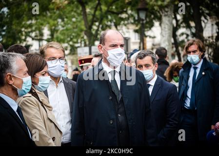 Premierminister Jean Castex während einer Pressekonferenz am 25. September 2020 in Paris, Frankreich, Als kurz vor Mittag ein mit einem Messer oder einer Machete bewaffneter Mann Menschen in der Rue Nicolas Appart im Pariser Arrondissement 11., wo sich die ehemaligen Räumlichkeiten der Zeitung Charlie Hebdo befinden und wo die Angriffe vom 7. Januar stattfinden, Angriff, 2015 Personen gegen die Zeitung hatten 2 Verletzungen verursacht. Der Täter des Angriffs wurde zusammen mit einem zweiten Mann verhaftet und in den nahegelegenen Straßen wurde sofort ein Sicherheitsbereich eingerichtet. Die Untersuchung wurde an die Nationale Anti- Stockfoto