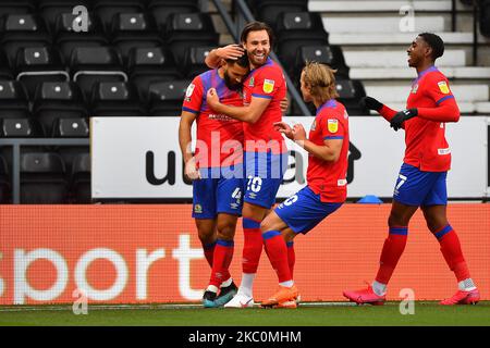 Ben Brereton von Blackburn Rovers feiert, nachdem Bradley Johnson von Blackburn Rovers am 26.. September 2020 beim Sky Bet Championship-Spiel zwischen Derby County und Blackburn Rovers im Pride Park, DerbyDerby, England, ein Tor erzielte. (Foto von Jon Hobley/MI News/NurPhoto) Stockfoto