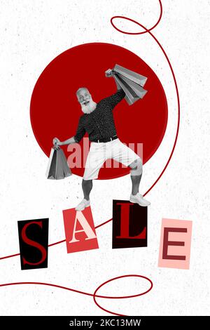 Vertikale kreative Collage Bild von lustigen Großvater schwarz weiß Farben halten Einkaufstaschen Sonderangebot Verkauf isoliert auf Zeichnung Hintergrund Stockfoto