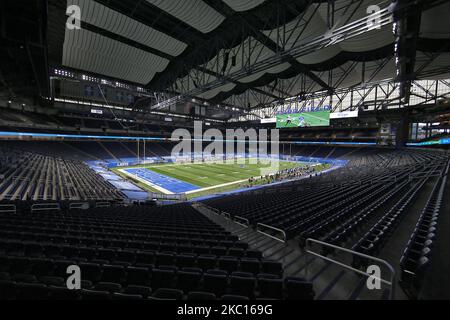 Die Detroit Lions und New Orleans Saints spielen am Sonntag, den 4. Oktober 2020, in Abwesenheit von Zuschauern während der ersten Hälfte eines NFL-Fußballspiels gegen die New Orleans Saints in Detroit, Michigan, USA, ein Spiel im Ford Field Stadium. (Foto von Amy Lemus/NurPhoto) Stockfoto