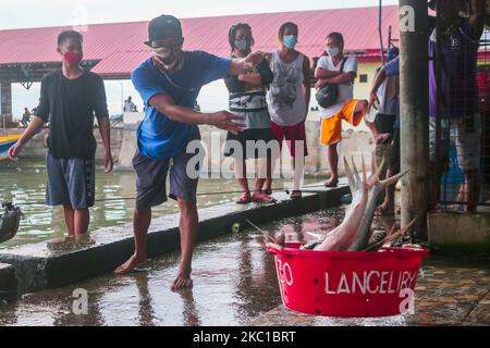 Eine Gruppe von Fischporteuren in Binangonan, Rizal, entladen das Becken voller Fische im Fischhafen heute Nachmittag des 8. Oktober 2020 von Fischteichen in Laguna De Bay, Indonesien. (Foto von Ryan Eduard Benaid/NurPhoto) Stockfoto