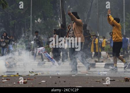 Während einer Demonstration gegen das Omnibus-Gesetz am Donnerstag, den 8. Oktober 2020, werden Studenten in Palembang bei Zusammenprallen mit der indonesischen Polizei beobachtet. (Foto von Sigit Prasetya/NurPhoto) Stockfoto