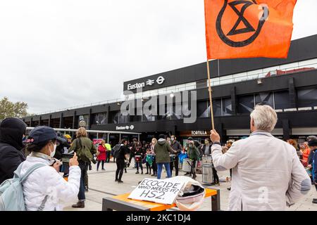 Umweltschützer, darunter Mitglieder der Extinction Rebellion, protestieren am 9. Oktober 2020 auf der Euston Station in London, England gegen das High Speed 2-Projekt. Aktivisten weisen darauf hin, dass der Bau von HS2 mehr Treibhausgasemissionen verursachen wird als eine 100-jährige Nutzung der aktuellen Verkehrsmittel, die er ersetzt. (Foto von Dominika Zarzycka/NurPhoto) Stockfoto