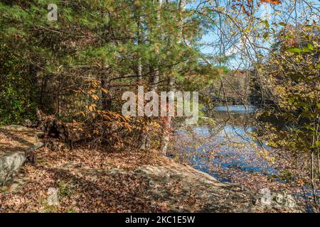 Wunderschöne Herbstszene auf einer Wandertour im Cumberland Mountain State Park in Tennessee entlang des Sees mit einer Brücke im Hintergrund, die sich überkreuzt Stockfoto