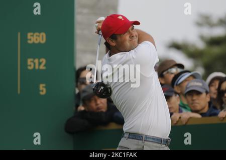 Der US-Teamspieler Patrick Reed hat am 10. Oktober 2015 beim PGA Presidents Cup Mix Match beim Jack Nicklaus GC in Incheon, Südkorea, auf dem 7. T-Shirt gepost. (Foto von Seung-il Ryu/NurPhoto) Stockfoto