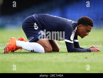 Nathan Ralph von Southend United sieht am Samstag, den 10.. Oktober 2020, beim Sky Bet League 2-Spiel zwischen Southend United und Exeter City in Roots Hall, Southend, niedergeschlagen aus. (Foto von Jacques Feeney/MI News/NurPhoto) Stockfoto