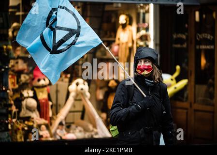 Hundert Mitglieder der ökologischen Bewegung Extinction Rebellion (XR) versuchten am 13. Oktober 2020 in Paris, Frankreich, friedlich den Vorplatz des Umweltministeriums zu besetzen, indem sie ein solidarisches und ökologisches Lager einweihten. Die Polizei griff schnell ein, um die Militanten, die den Boulevard Saint-Germain im 7.. Arrondissement von Paris besetzen, zu verlagern und das Lager zu demontieren. (Foto von Samuel Boivin/NurPhoto) Stockfoto