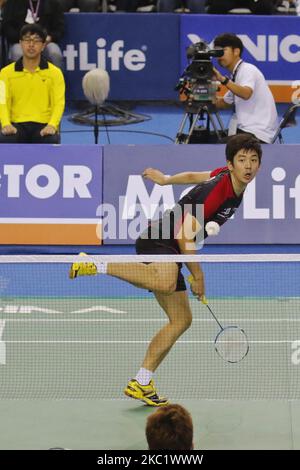 Der Südkoreaner Lee Yong DAE und sein Teamkollege Yoo Yeon Seong spielen im Doppelfinalspiel ihrer Männer gegen Kim Ki Jung und Kim Sa Rang beim Badminton-Finale der Victor Korea Open in Seoul, Südkorea. Die Südkoreaner Lee und Yoo gewannen den Spielstand 2:0. (Foto von Seung-il Ryu/NurPhoto) Stockfoto