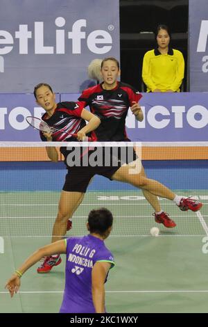 Die Südkoreanerin Chang Ye Na und ihre Teamkollegin Lee so Hee spielen im Doppelfinalspiel ihrer Frauen gegen die Indonesierin Nitya Krishinda Maheswari und Graysia Polii beim Badminton-Finale der Victor Korea Open in Seoul, Südkorea. Die Indonesier Nitya und Greysia gewannen den Spielstand mit 2:0. (Foto von Seung-il Ryu/NurPhoto) Stockfoto