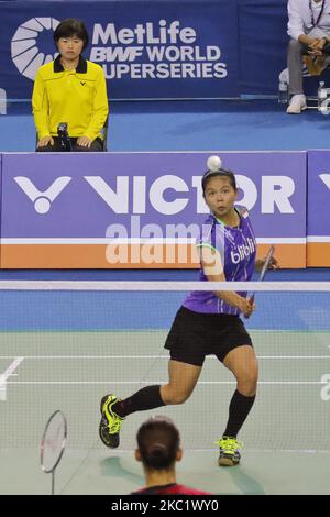 Die Südkoreanerin Chang Ye Na und ihre Teamkollegin Lee so Hee spielen im Doppelfinalspiel ihrer Frauen gegen die Indonesierin Nitya Krishinda Maheswari und Graysia Polii beim Badminton-Finale der Victor Korea Open in Seoul, Südkorea. Die Indonesier Nitya und Greysia gewannen den Spielstand mit 2:0. (Foto von Seung-il Ryu/NurPhoto) Stockfoto