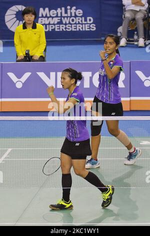 Die Südkoreanerin Chang Ye Na und ihre Teamkollegin Lee so Hee spielen im Doppelfinalspiel ihrer Frauen gegen die Indonesierin Nitya Krishinda Maheswari und Graysia Polii beim Badminton-Finale der Victor Korea Open in Seoul, Südkorea. Die Indonesier Nitya und Greysia gewannen den Spielstand mit 2:0. (Foto von Seung-il Ryu/NurPhoto) Stockfoto