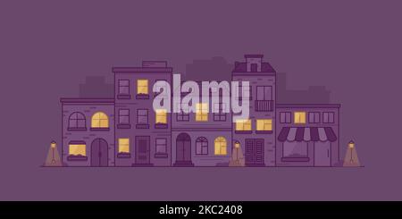 Stadtbild mit Stadthäusern, Laternen und Büschen bei Nacht. Stadtstraße mit Gebäudefassaden. Vektordarstellung im linearen Stil. Stock Vektor