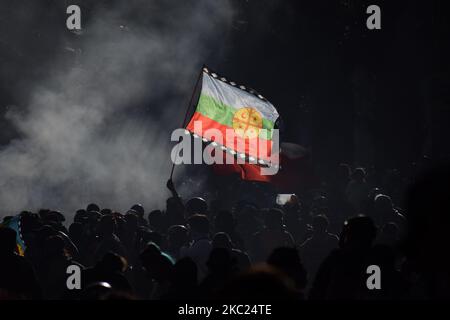 Eine Person fliegt eine Mapuche-Fahne inmitten der Menge und den Rauch von Tränengasbomben. Am 26. November 2019 in Santiago, Chile. (Foto von Matias Basualdo/NurPhoto) Stockfoto