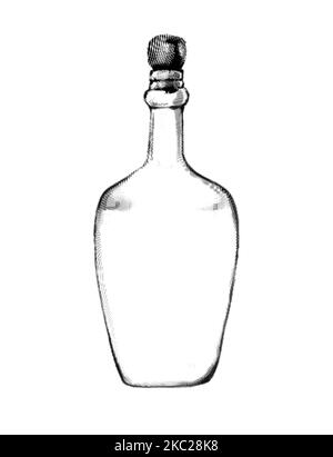 Flaschengravur. Realistische Darstellung einer transparenten Flasche. Schwarz-Weiß-Zeichnung Stockfoto